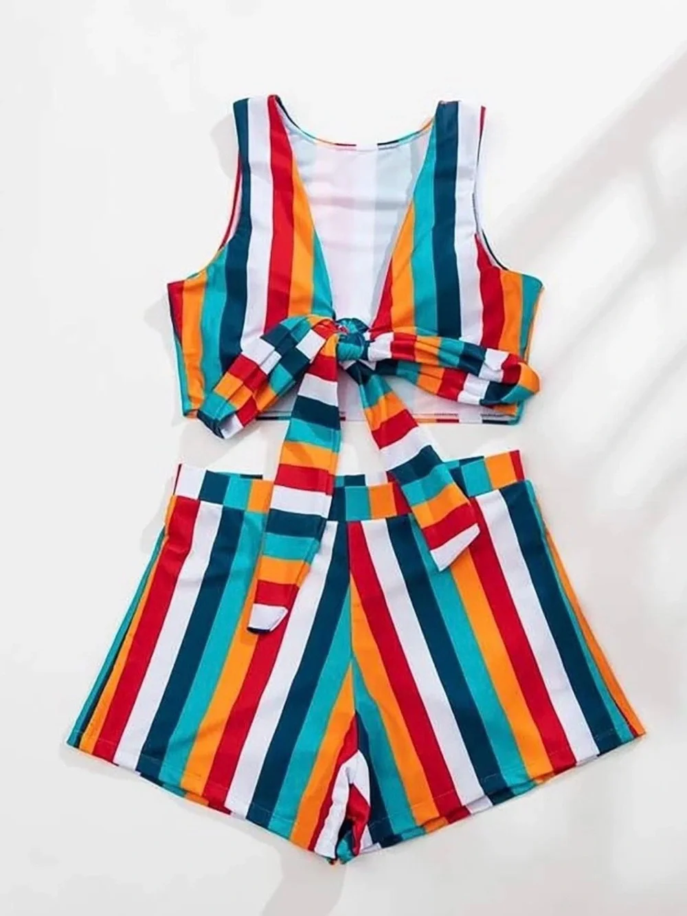 Swimwear: Striped Tie-Front Crop Top & High-Waist Shorts Set - Multi